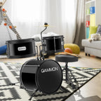 Gammon 3-Piece Junior Drum Set with Throne - Black, Complete Beginner Kit with Bass Drum, Toms, Cymbal, Pedal, and Drumsticks