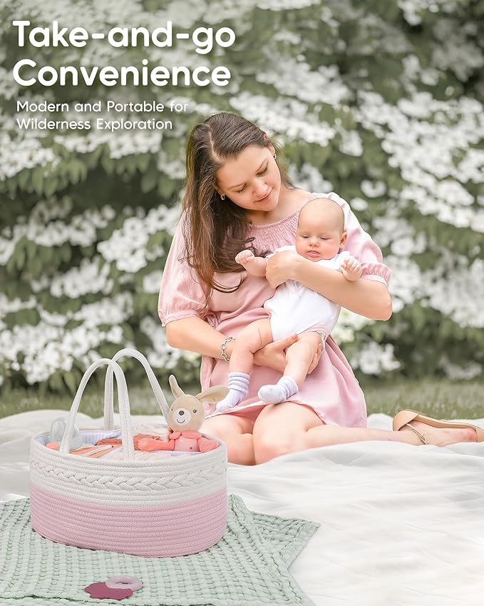 Maliton Diaper Caddy for Baby Girl-Cotton Rope Diaper Caddy, Diaper Organizer for Changing Table, Portable Baby Basket for Storage Baby Stuff, Newborn Registry Must Have Items