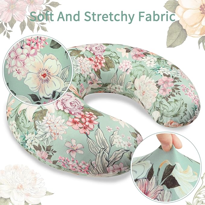 Nursing Pillow Cover for Baby Girls Boys, Green Breastfeeding Pillow Cover, Stretchy Removable Feeding Pillow Case for Newborns, Ultra Soft and Comfortable Nursing Pillow Slipcover, Floral