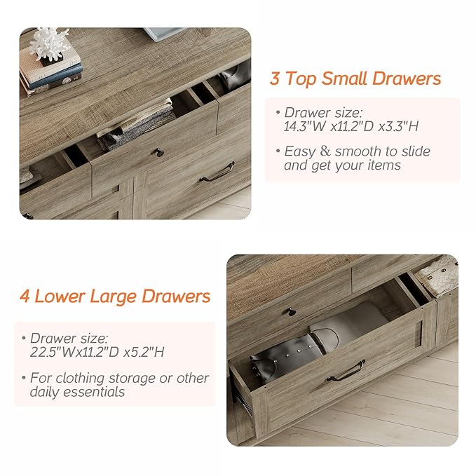 WAMPAT Kids Dresser with 7 Drawers for Bedroom, Wide Baby Dresser for Nursery & Kids Room, Farmhouse Wooden Dressers Closet Organizer for Children’s Bedroom, 54 Inch, Grey