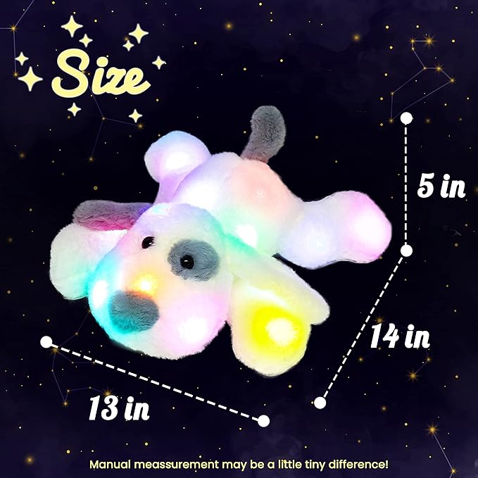 Hopearl LED Plush Puppy Lighting Up Stuffed Animal Dog Floppy Pup Night Lights Glow in The Dark Birthday Festival for Kids Toddler Girls, White, 14''