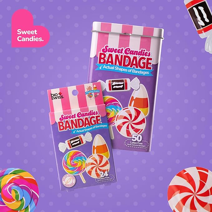 BioSwiss Bandages, Sweet Candies Shaped Self Adhesive Bandage, Latex Free Sterile Wound Care, Fun First Aid Kit Supplies for Kids and Adults, 50 Count