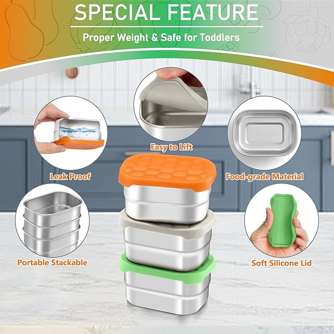 HaWare Stainless Steel Snack Containers for Toddlers and Kids, 8 oz Leak Proof Food Storage Containers with Colorful Silicone Lids, Stackable Small Metal Lunch Box for Daycare and School- 3 Packs