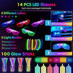 142 PCS Glow in the Dark Party Supplies, 14PCS Foam Glow Sticks, 14PCS Light Up Headband,14PCS LED Glasses and 100PCS Glow Sticks Bracelets,for Glow Party, New Year, Wedding, Concert, Birthday