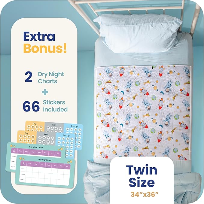IMPROVIA® Toddler Bed Wetting Pad – 2 Pack 34x36 Waterproof Mattress Protector with Tuckable Wings – Ultra Absorbent, Non-Slip Washable Underpad for Kids & Potty Training – Space Design (Space)