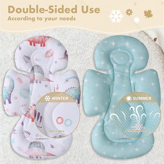 Infant Car Seat Insert, 2-in-1 Head & Body Carseat Support for Baby Newborn Toddler with Strap Covers, Reversible Ultra-Soft Cushion for Baby Carseat, Stroller, Swing & Bouncer
