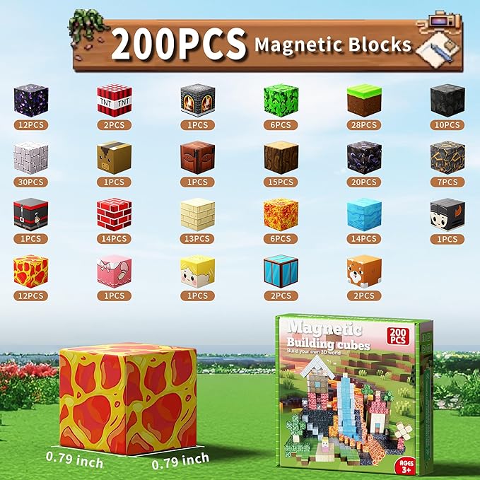 Magnetic Blocks, Magnetic Building Blocks, 3D Construction Build Toys, STEM Sensory Magnet Cubes (Multicolor-200PCS)