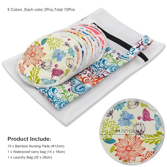 PINOWU Nursing Pads -10 Washable Pads + Wet Bag + Wash Bag, Breastfeeding Nipple Pads (Large 4.7")