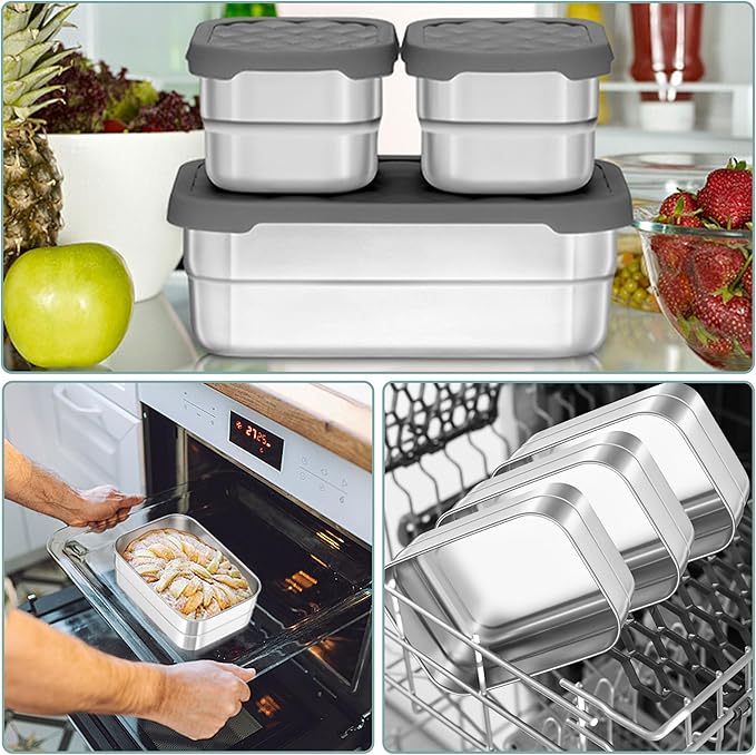 HaWare Stainless Steel Lunch Box for Kids, Leak Proof Food Storage Containers with Silicone Lids, Easy Open Bento Box for School and Daycare, Portable Metal Snack Box, Dishwasher Safe (8oz*2+25oz)