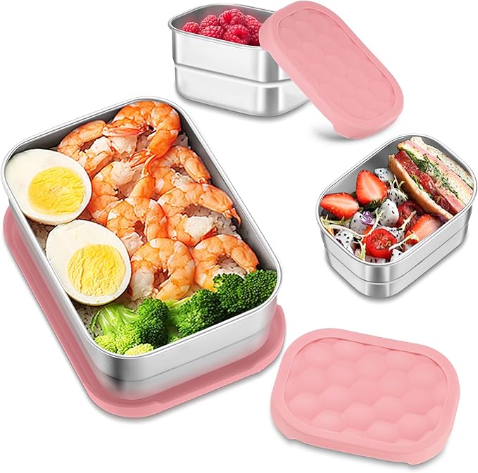 HaWare Stainless Steel Lunch Box for Kids, Leak Proof Food Storage Containers with Silicone Lids, Reusable Easy-Opened Lunch Containers, Portable Metal Snack Box, Dishwasher Safe (8oz*2+25oz)