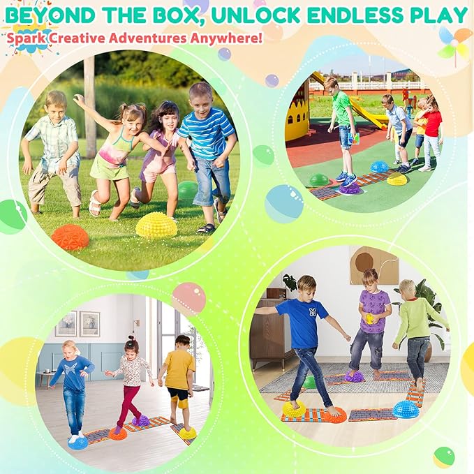Stepping Stones for Kids, Textured Balance Pods and Adventure Floor Mats Set with Game Spinner for Kids Adults, Obstacle Course Sensory Toys Great for Indoor Outdoor Play Family Fitness Fun