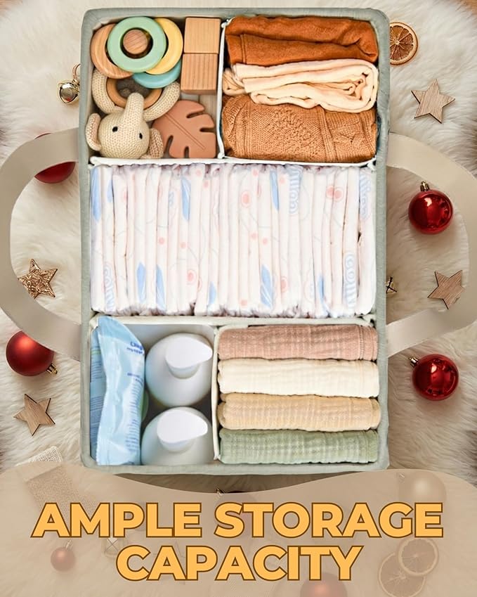 Baby Diaper Caddy Organizer with Portable Changing Mat - Teddy Fleece Diaper Organizer for Changing Table - Basket for Changing Essentials - Baby Essentials Organizer with Removable Dividers