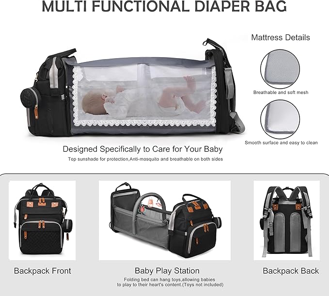 Diaper Bag with Changing Station, Multifunction Travel Baby Bag, Waterproof Baby Tote, Large Capacity Mommy Bag, Newborn Essentials Backpack Bag, Unisex, Black