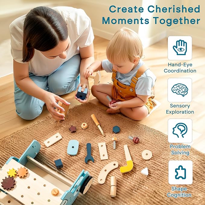 OESSUF 2-in-1 Wooden Baby Walker with 40 PCS Tool Toys – Baby Push Walker for 6-12 Months, Activity Center for Toddlers Aged 1-3 Years, Montessori Toy for Boys and Girls (Blue)