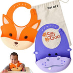 Silly Goose Set of 2 Silicone Baby Bibs, for Babies and Toddlers, Waterproof, Adjustable, Soft, Extra Wide Food Catcher Pocket, Animals (2PK Fox+Hippo)