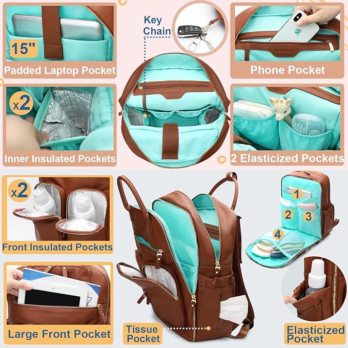MOMINSIDE Diaper Bag Backpack, Leather Baby Bag with 18 Pockets, Diaper Backpack for Women Mom, Travel Baby Bag for Girl Boy, Large Wet Pocket, 4 Insulated Pockets, Stroller Straps, Brown