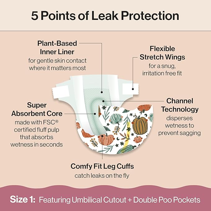 The Honest Company Clean Conscious Diapers for Delicate Skin | Up to 100% Leakproof | Hypoallergenic, Fragrance Free | Fall '25 Limited Edition Prints | Club Box, Size 1 (8-14 lbs), 78 Count