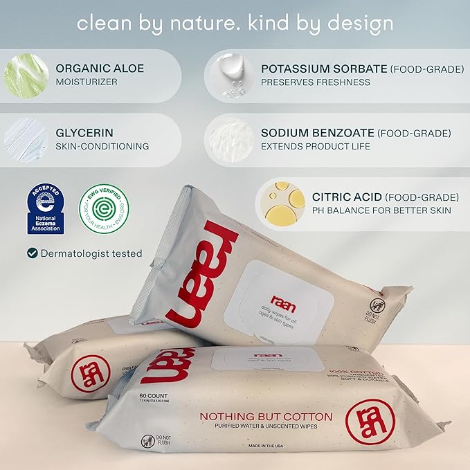 Raan, 100% Cotton Baby & Toddler Wipes, Unbleached, 99% Purified Water, Unscented, EWG verified, Made for Sensitive Skin, Extra Soft and Durable, 4 pack, 240 Count