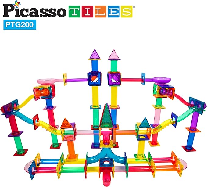 PicassoTiles 200pc Magnetic Marble Run Tiles Toy STEM Educational Race Track with Light Up Marbles Magnet Tile Building Blocks Maze Kit Sensory Pretend Play Toys for Toddlers Boys Girls Ages 3+ PTG200
