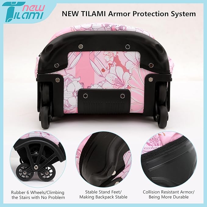 NEW TILAMI Girls & Boys Rolling Backpack - Moisture-Wicking, Adjustable Handle, Large Capacity, Perfect for School & Travel, Pink Flowers