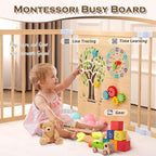 All-in-one Wood Baby Playpen with Door, Adjustable Wooden Play Fence with Dual-Sided Chalkboard, Whiteboard & Montessori Activity Toys, Expandable Activity Center Safe Playard for Babies 3M+
