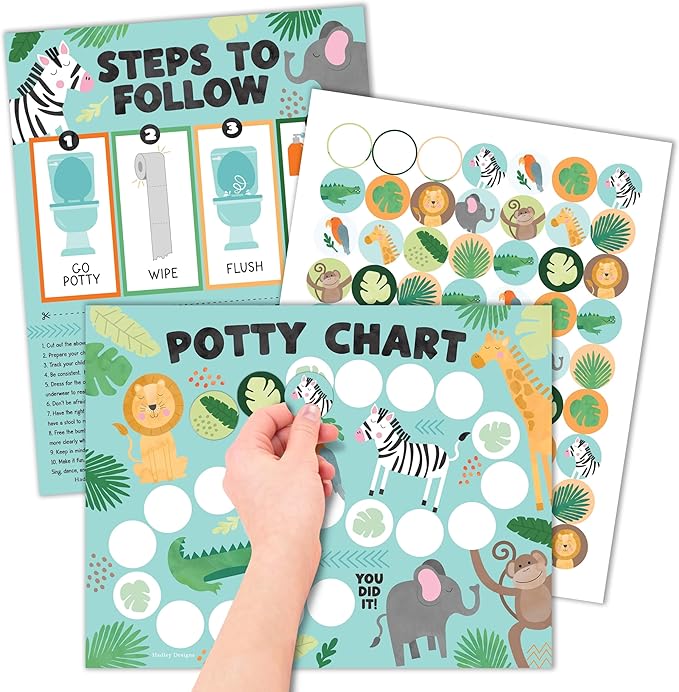 Hadley Designs Potty Training Chart for Toddlers Boys -10 Sticker Potty Chart for Toddlers Girls, 8.5x11" Potty Training Sticker Charts for Toilet Success, Safari Toddler Reward Chart for Kids