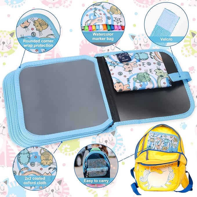 Erasable Doodle Set for Kids - Magic Drawing Book With 12 Watercolor Pens, 14 Pages - Road Trip Car Game Writing Painting Set for Boys and Girls (Arch Bridge Cat)