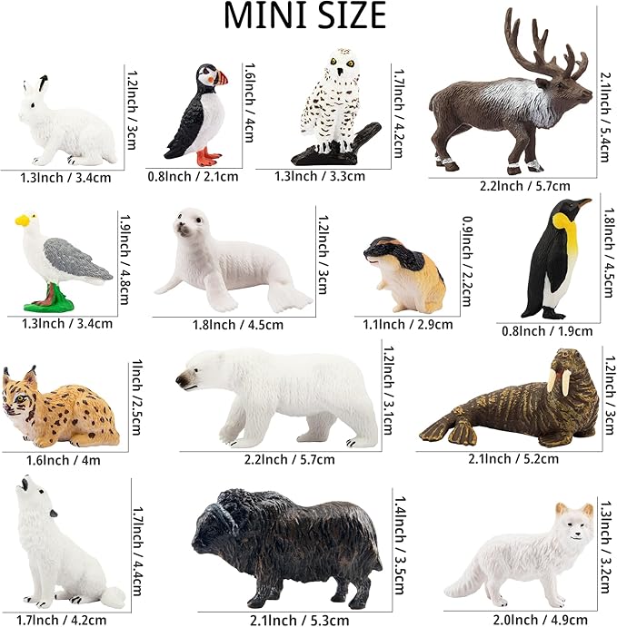 Toymany 14PCS Mini Arctic Animals Figurines Set, Polar Animals Toys with Polar Bear, Caribou, Penguin, Walrus, Wolf Figurines Cake Toppers Birthday Easter Gifts for Preschool Kids