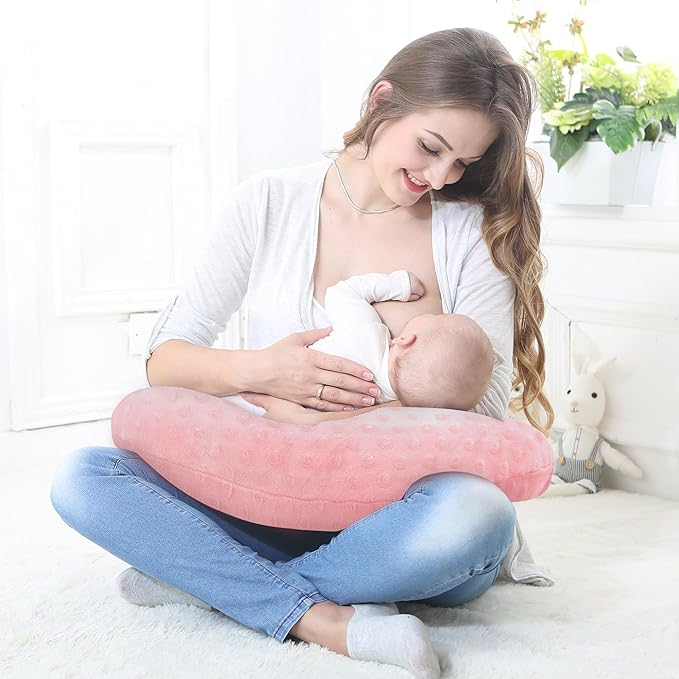 LAT Nursing Pillow for Breastfeeding with Removable Minky Cover,Ergonomic Breast Feeding Pillows for Mom and Baby,Machine Washable(Pink)