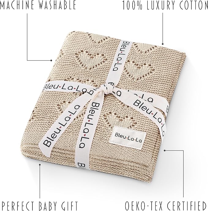 Heirloom Knit Heart Receiving Unisex Blanket for Boys and Girls - 100% Luxury Cotton Baby Blanket - Soft Warm Swaddle Receiving Blanket for Newborns Infants & Toddlers (Oatmeal)