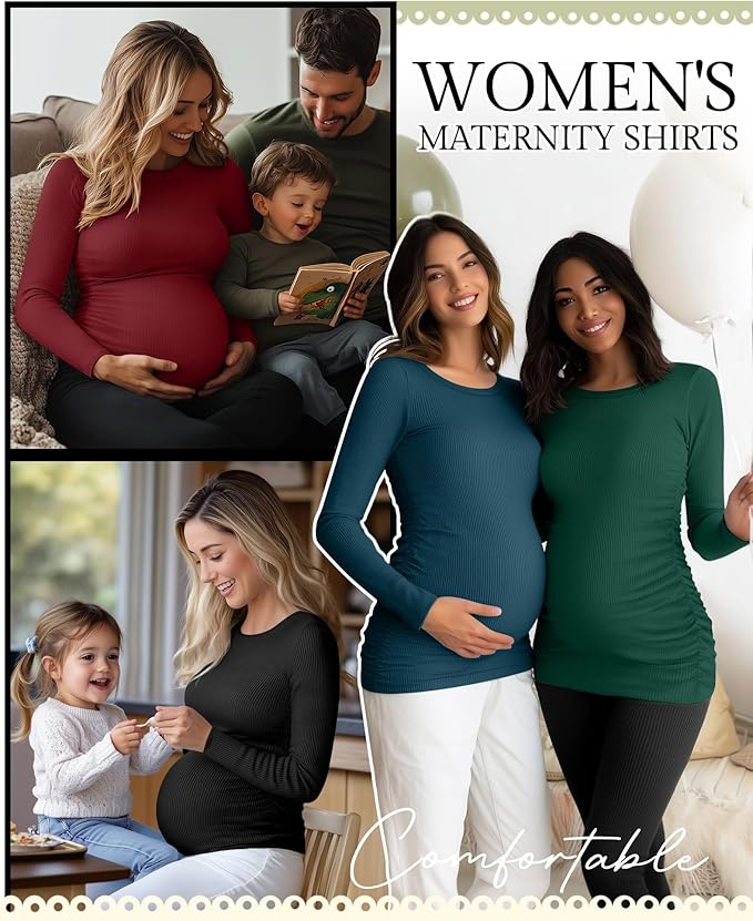 Ficerd 4 Pack Women's Maternity Shirts Cotton Long Sleeve Ribbed Crew Neck Pregnancy Tops Side Ruched Casual Mama Clothes