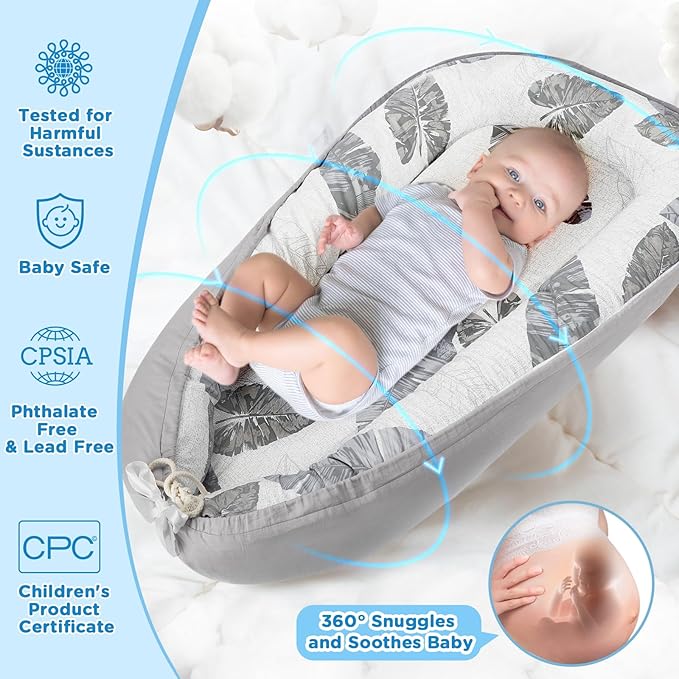 Baby Lounger - Baby Lounger for Newborn 0-24 Months, Breathable and Soft Cotton Cover Baby Nest, Portable Cozy Tummy Time Lounger for Home and Travel, Ideal Baby Essentials & Shower Gifts