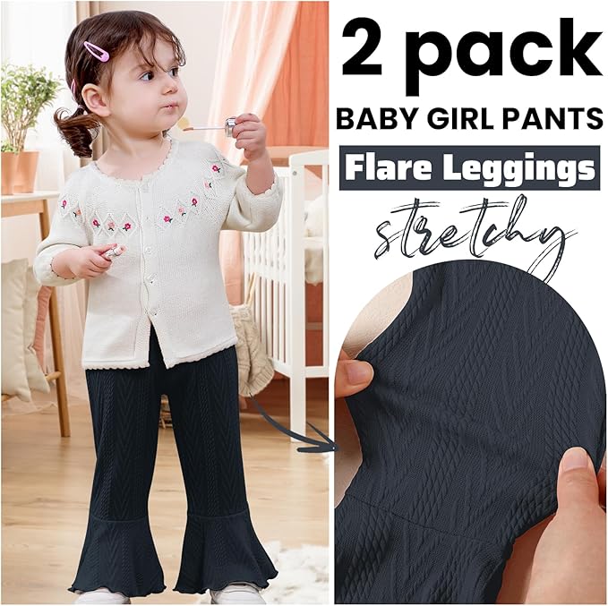 2 Pack Toddler Baby Girl Pants Flare Leggings Ribbed Knit Newborn Bell Bottoms Solid Ruffle Infant Pants for Girls