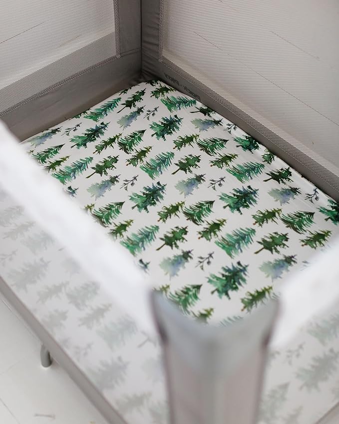 Pack and Play Sheets Fitted, Mini Crib Sheets for Graco Pack N Play Playard (38x26), Ultra Soft Organic Cotton Blend, Safe & Snug Playpen Mattress Sheet for Baby Boys & Girls – Starry Woodland, 2-Pack