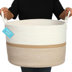 OrganiHaus Boho Woven Basket for Blankets and Laundry, Decorative Large Storage Bin for Living Room, Nursery Basket for Toys & Clothes, Soft Cotton Rope with Handles 20x13 inches - Striped Honey