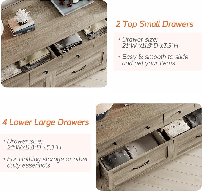 WAMPAT Grey Baby Dresser with 6 Drawers for Kids Room, Wooden Kids Dressers Double Dresser for Bedroom, Rustic Chest of Drawers Storage Dressers Organizer for Nursery, 47 Inch