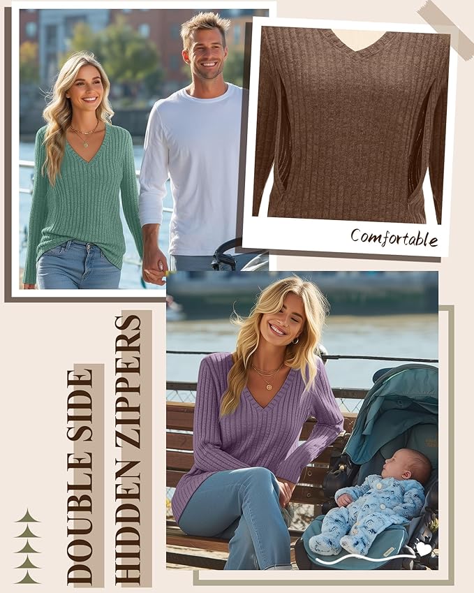 3 Pack Women's Maternity Nursing Tops, V Neck Breastfeeding Sweaters Long Sleeve Hidden Zipper Shirts