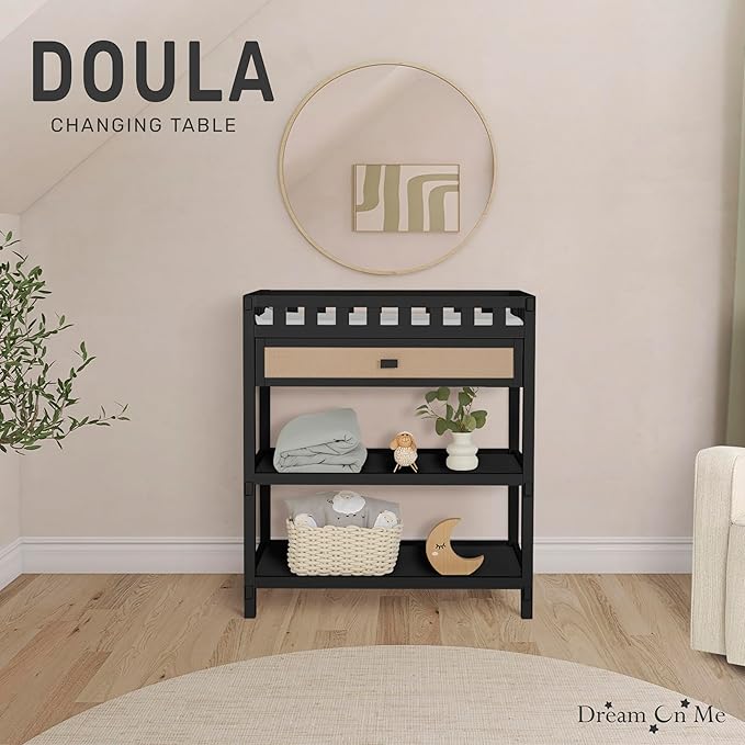 Dream On Me Doula Changing Table in Matte Black – JPMA & GREENGUARD Gold Certified, Enclosed Dressing Area for Safety, Two Spacious Storage Shelves & A Closed Drawer, Converts to Nightstand
