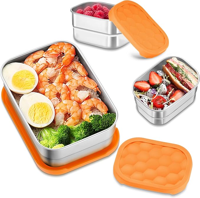 HaWare Stainless Steel Lunch Box for Kids, Leak Proof Food Storage Containers with Silicone Lids, Portable Sandwich Containers, Easy Open Snack Box for School & Daycare, Dishwasher Safe (8oz*2+25oz)