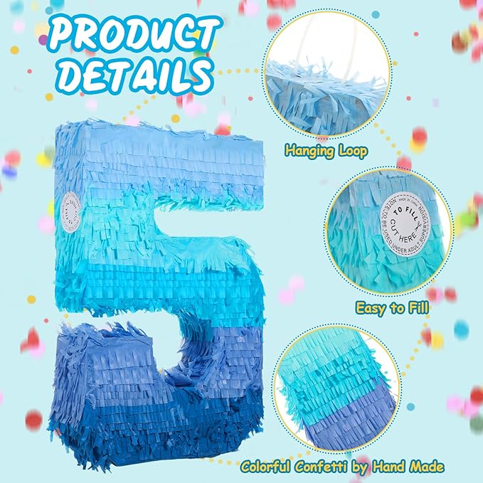 Sratte Number 1 2 3 4 5 6 7 8 9 Piñata with Stick Blindfold Confetti, Gradient Blue Piñata for Kids Boys Girls Birthday Party Anniversary Decorations Supplies(Number 5)
