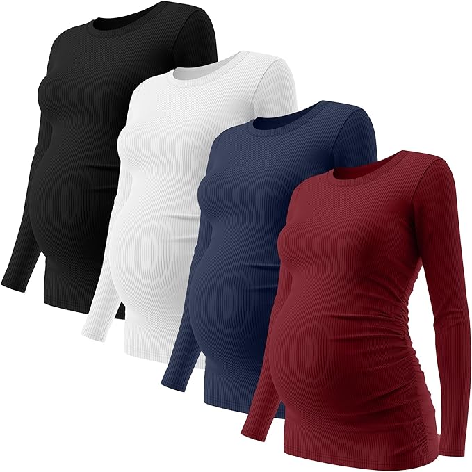 Ficerd 4 Pack Women's Maternity Shirts Cotton Long Sleeve Ribbed Crew Neck Pregnancy Tops Side Ruched Casual Mama Clothes