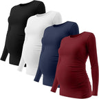 Ficerd 4 Pack Women's Maternity Shirts Cotton Long Sleeve Ribbed Crew Neck Pregnancy Tops Side Ruched Casual Mama Clothes