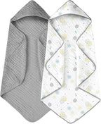 Yoofoss Hooded Baby Towels for Newborn 2 Pack 100% Muslin Organic Cotton Baby Bath Towel with Hood for Babies, Infant, Toddler and Kids, 32x32Inch, Soft and Absorbent Newborn Essential,Grey Flower