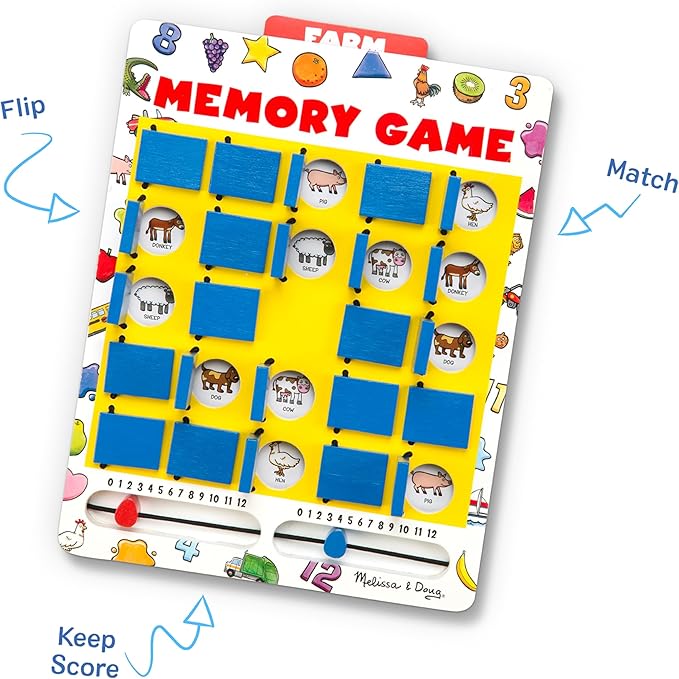 Melissa & Doug Flip to Win Travel Memory Game - Wooden Game Board, 7 Double-Sided Cards Road Trip Essentials for Kids, Hangman for Kids, Memory Toy for Toddlers and 5+