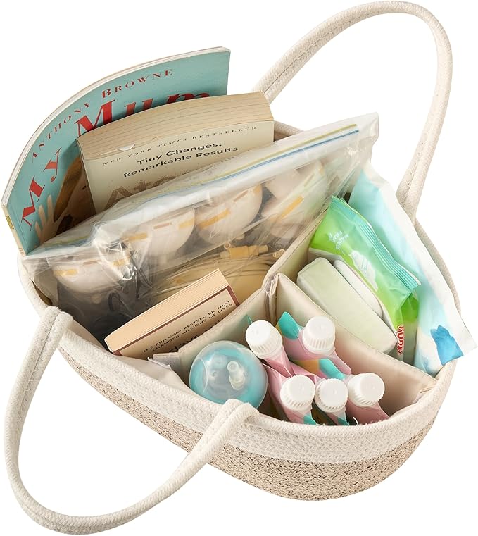 Diaper Caddy Organizer, Empty Gift Basket for Newborn Essentials, Baby Storage Basket, Stylish Gift Bag for Baby Shower, Boys and Girls – Small, White and Beige Brown