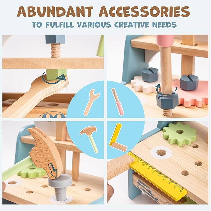 ROBUD Mini Wooden Play Tool Workbench Set for Kids Toddlers - Montessori Toys for 3 4 5 Years Old Boys Girls