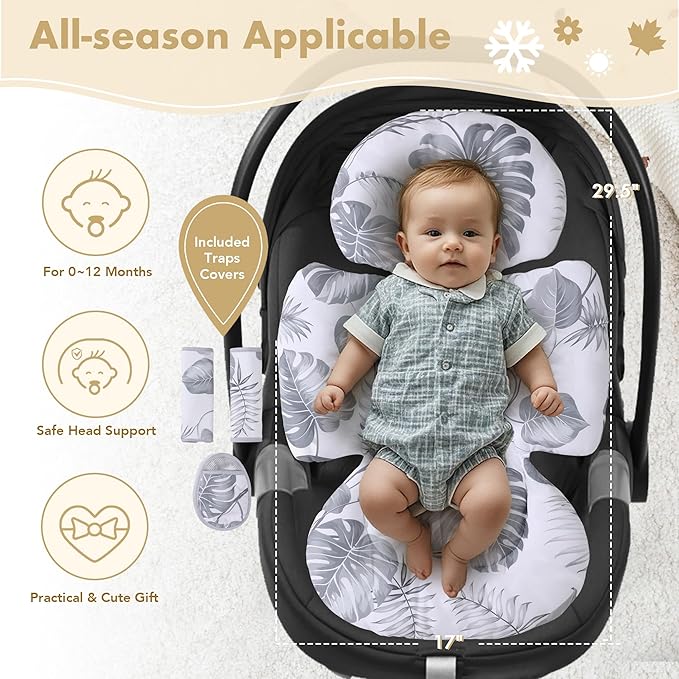 Infant Car Seat Insert, 2-in-1 Head & Body Carseat Support for Baby Newborn Toddler with Strap Covers, Reversible Ultra-Soft Cushion for Baby Carseat, Stroller, Swing & Bouncer