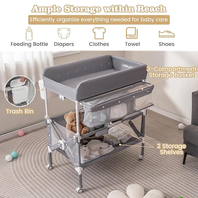 BABY JOY Portable Baby Changing Table, Foldable Waterproof Diaper Changing Station w/Wheels, Adjustable Height, Storage Basket, Shelves & Trash Bin, Mobile Nursery Organizer for Newborn Infant, Gray