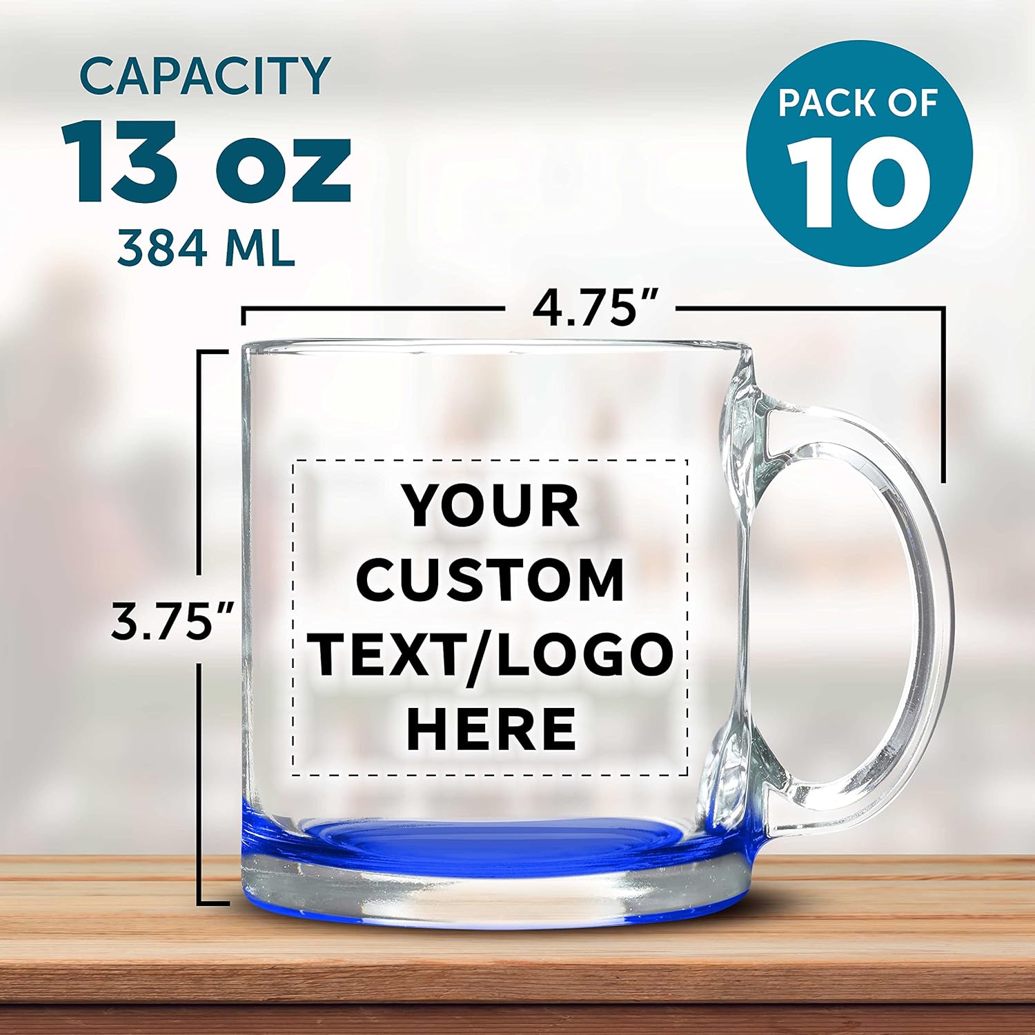 Custom Libbey Clear Glass Coffee Mugs 13 oz. Set of 10, Personalized Bulk Pack - Perfect for Coffee, Tea, Espresso, Hot Cocoa, Other Beverages - Blue Bottom