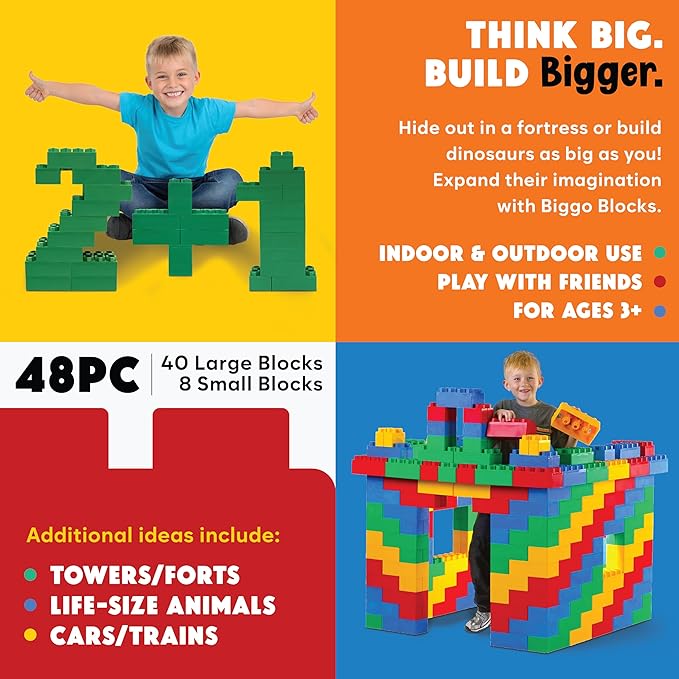 Big Blocks for Kids Ages 4-8 — Indoor & Outdoor Blocks Kids Games — Green Large Building Blocks - 48pc
